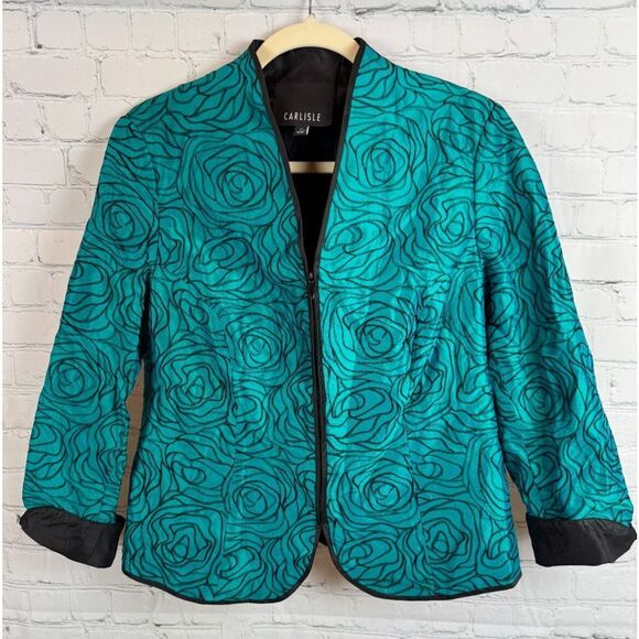 CARLISLE blue turquoise silk embroidered full zip blazer jacket size 10 - Picture 1 of 9
